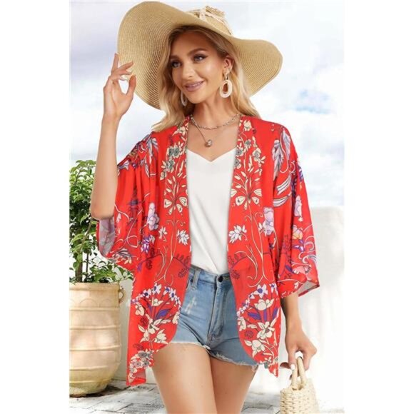 Women's Floral Print Puff Sleeve Kimono Cardigan Loose CoverUp Casual BlouseTops - Picture 4 of 7